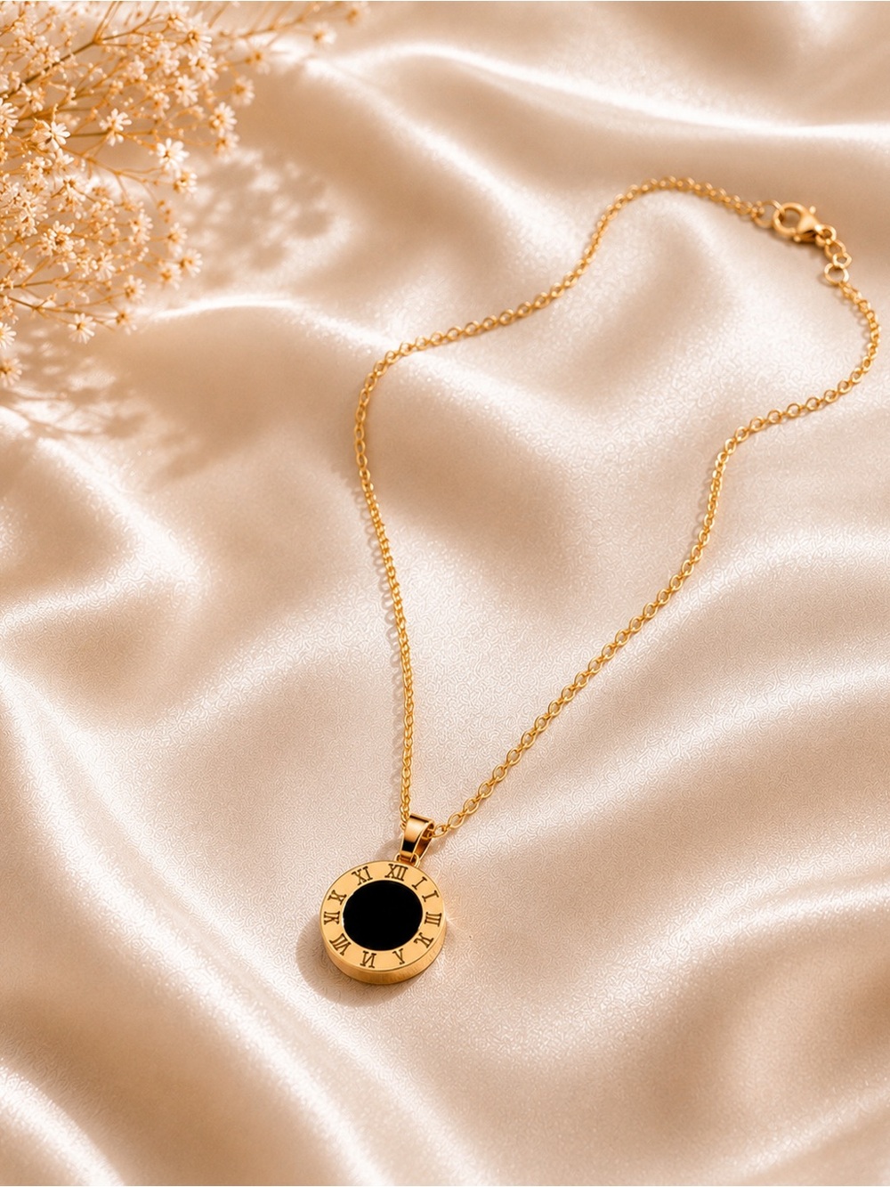 Gold Roman Numeral Black Onyx Style Pendant Necklace